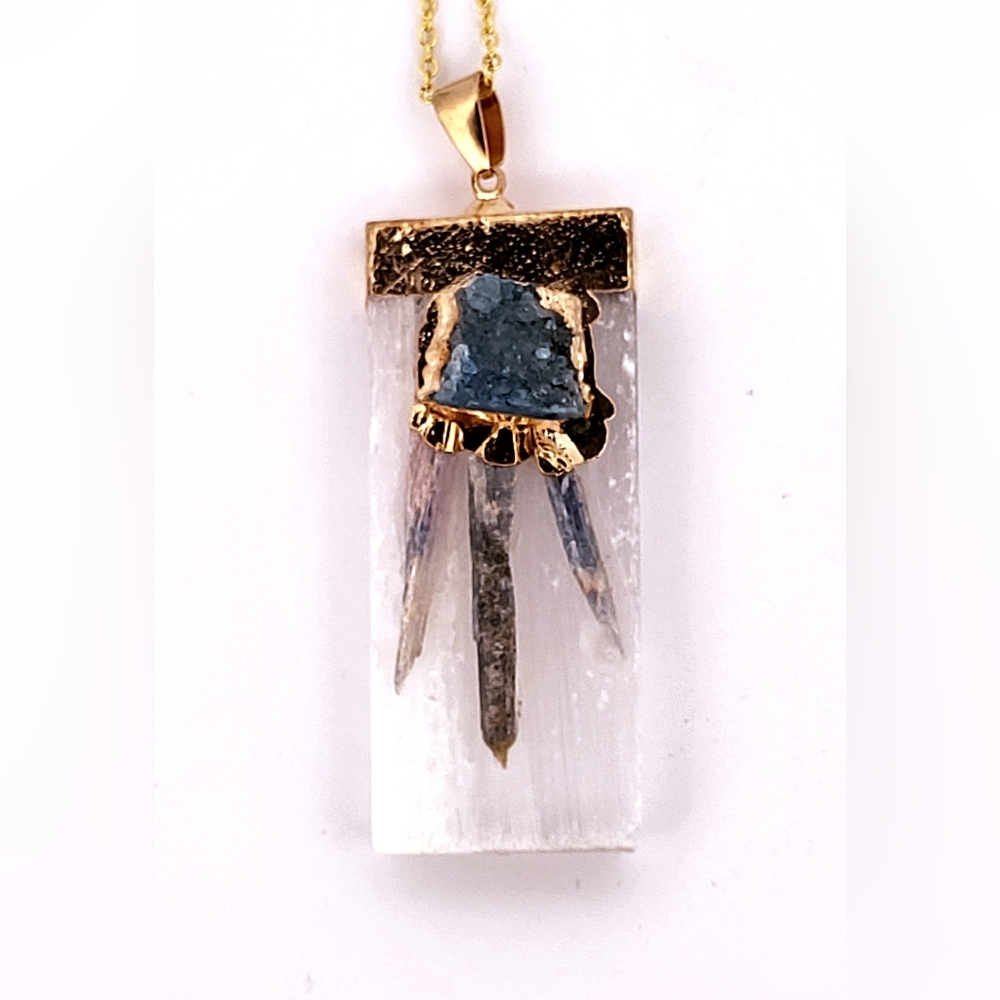 Natural Kyanite, Selenite & Blue Geode Crystal Gold Necklace Nksbgcgn3